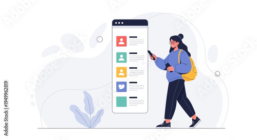 Woman with smartphone browsing social media feed on digital screen, digital marketing concept