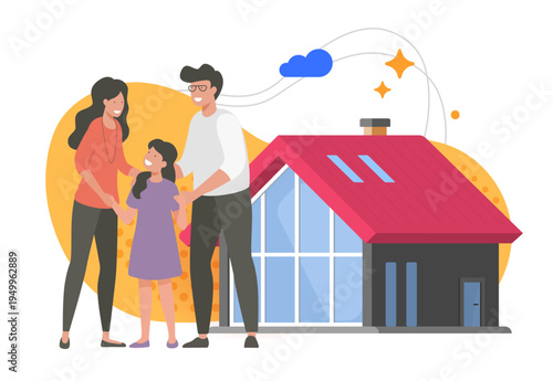 Family new home house happy owners vector modern icon illustration graphic, parental lifestyle as success property bought image clip art