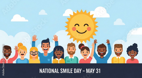 Diverse group of people celebrating national smile day on may 31 with a smiling sun