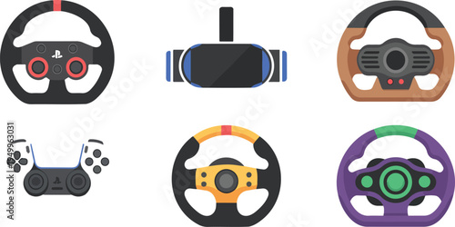 Collection of colorful steering wheels and gaming controllers flat vector icons representing video games, racing, and interactive entertainment