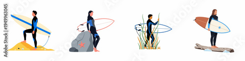 Flat vector illustration set of diverse male and female surfers in wetsuits holding surfboards in various coastal environments on a white background.