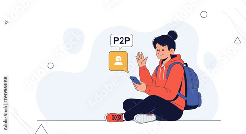Person using smartphone for P2P connection, communication concept illustration