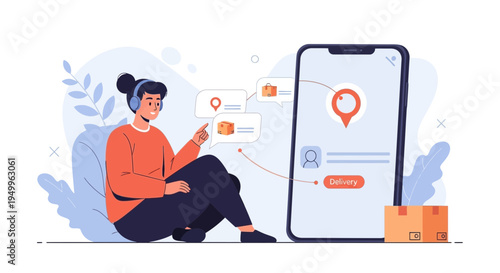 Delivery service app on smartphone with person using headphones and chat bubbles