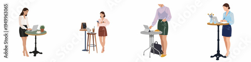 Set of professional women working remotely with laptops and digital devices at cafe tables, minimalist vector illustration on white background.