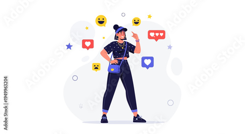 Young Woman Influencer with Social Media Icons and Emojis, Digital Content Creator