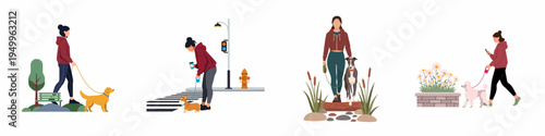 Flat vector illustration set of young women walking different dog breeds in diverse outdoor environments including a city street, park, and nature trail.