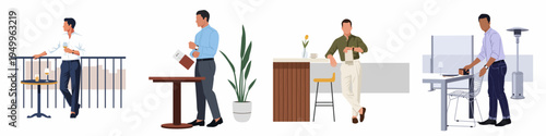 Set of flat vector illustrations depicting stylish men in various restaurant settings, including a balcony, bar counter, and outdoor terrace dining area.
