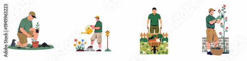 Set of male gardeners engaged in various outdoor activities like planting, watering flowers, harvesting vegetables, and pruning roses in a flat vector style.
