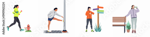 Flat design illustrations of women in sportswear performing various activities related to running, jogging, stretching, and staying hydrated outdoors.
