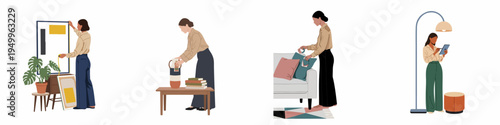 Set of flat vector illustrations of female interior designers decorating homes, measuring walls, arranging furniture, and using digital tablets.
