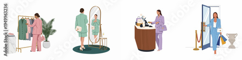 Set of illustrations depicting women in fashionable suits enjoying a luxury shopping experience, from browsing clothes to making a purchase and leaving the store.