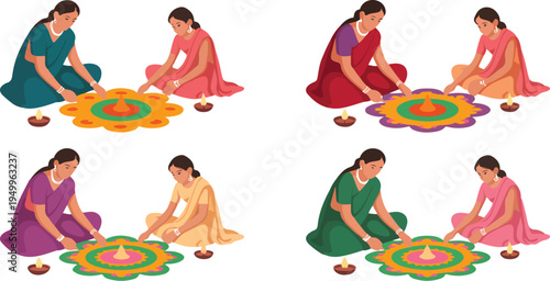 Indian women creating colorful rangoli designs during festive celebration, showcasing tradition, culture, and vibrant art in vector illustration