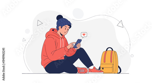 Teenager with Smartphone and Backpack, Social Media Love Notification