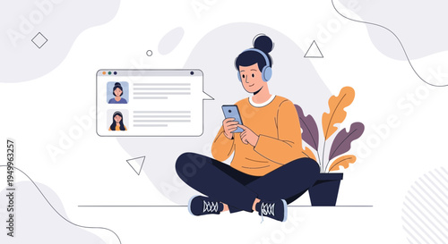 Young Woman Listening to Music and Texting on Phone with Headphones