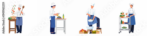 Set of professional chefs in uniforms preparing food, tossing ingredients, dressing salad, sifting flour, and plating dishes on a white background.