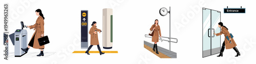Flat vector illustration set of a professional woman commuting through an MRT station, checking time, and entering an office building for work.