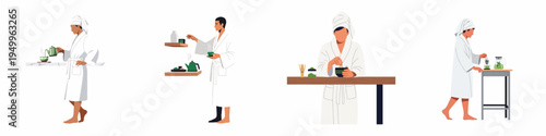 Vector illustration collection of people in white bathrobes preparing matcha and herbal tea, emphasizing wellness, relaxation, and self-care morning routines.