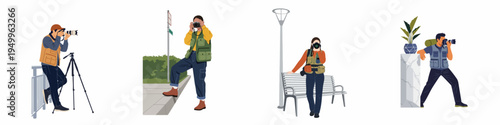 Set of flat vector illustrations featuring diverse professional photographers with DSLR cameras, tripods, and gear in various outdoor urban environments.
