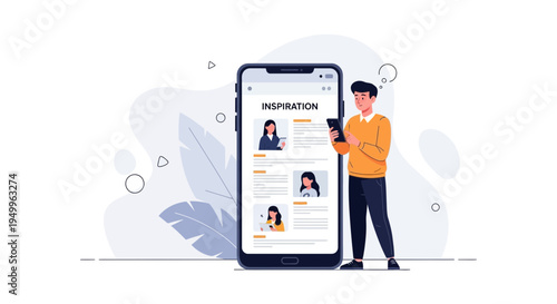 Man Using Smartphone to Browse Inspiration Content on a Large Mobile Screen