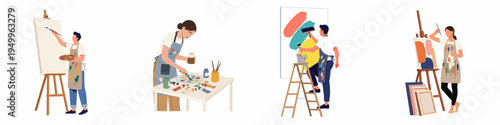 Set of flat vector illustrations depicting various artists painting on canvas, mixing colors, and creating murals in their creative studios.