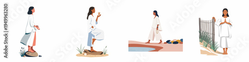 Set of Illustrations Depicting a Woman Practicing Mindfulness, Yoga, and Meditation in Peaceful Natural Environments Near the Sea