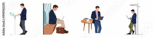 Collection of illustrations showing a professional man working on a laptop in various modern environments, from standing desks to outdoor settings.