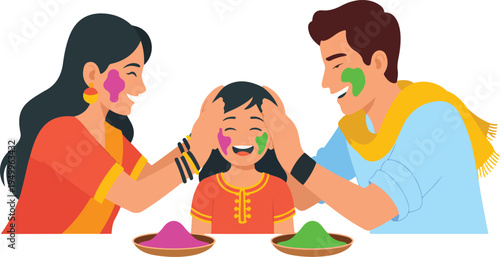 A joyful family celebrating Holi by applying colorful powders on each other’s faces, depicting fun, togetherness, and cultural festivity vector illustration