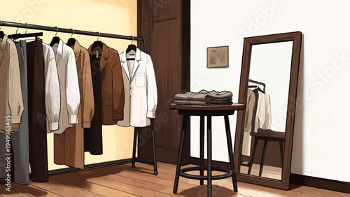 Wardrobe in a hotel room with clothes hanging and interior details
