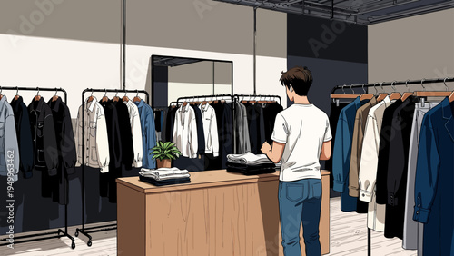 Woman shopping for clothes in a fashion store and looking at dresses on hangers in a wardrobe display while holding shopping bags and smiling