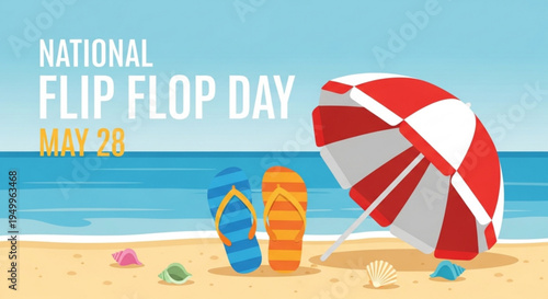 National flip flop day on may 28 colorful beach scene with flip flops and umbrella