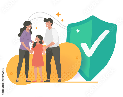 Family security protection insurance icon vector graphic illustration modern design, parents child safety care support shield, thrust coverage safeguard concept image clip art