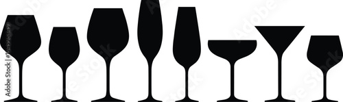 Collection of Different Wine and Cocktail Glass Silhouettes Including Champagne Flute Martini and Goblet Shapes Isolated on White Background for Bar and Restaurant Design