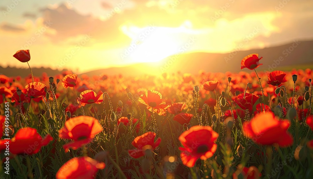 Fototapeta premium Red poppies bloom in a golden field, bathed in the warmth of the setting sun