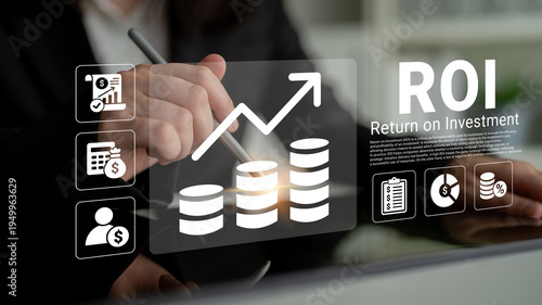 Obraz na plátně Businessperson focuses on financial growth with symbols representing return on investment in a modern office, showcasing analysis and strategic planning tools for success