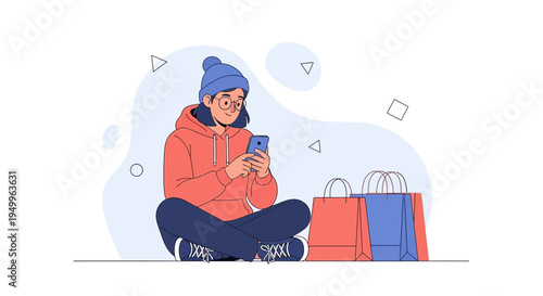 Young woman with shopping bags using smartphone, online shopping concept