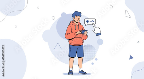 Young man holding a smartphone, interacting with a digital interface, modern abstract background