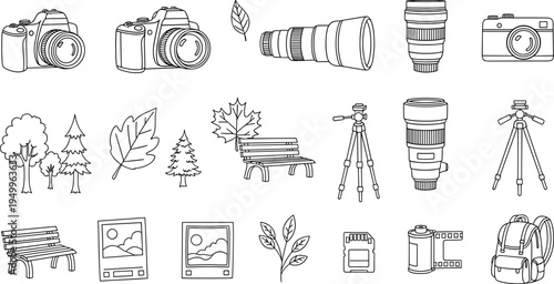 Collection of hand-drawn photography equipment and nature elements in a simple line art style