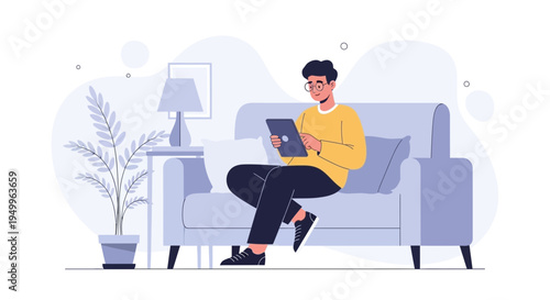 Man Relaxing on Sofa Using Tablet, Modern Living Room Interior, Flat Design