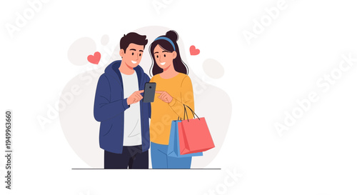 Couple Looking at Phone with Shopping Bags and Hearts, Romantic Online Shopping Concept