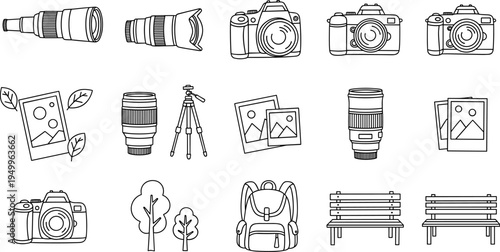 Collection of line art icons representing photography equipment and outdoor elements