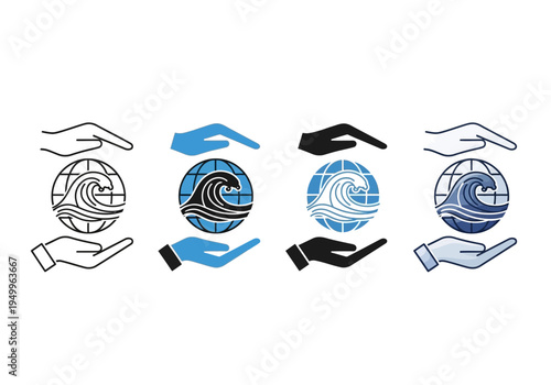Hands holding and protecting the earth with wave icons
