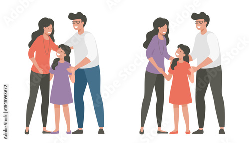 Family fun love icon isolated vector simple minimal graphic illustration design, parents mother father hugging daughter child in happy mood cut out image clip art cute smiling