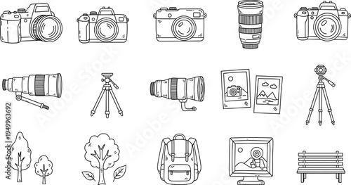 Collection of hand-drawn photography equipment and nature elements in a doodle style