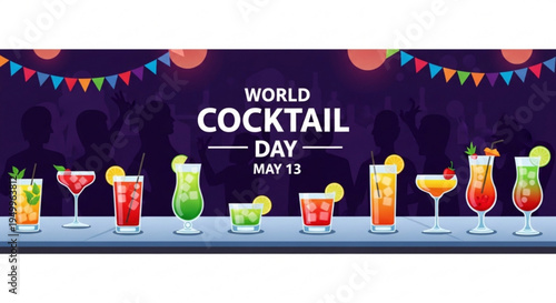 Colorful cocktails on a bar for world cocktail day celebration on may 13 with festive decorations
