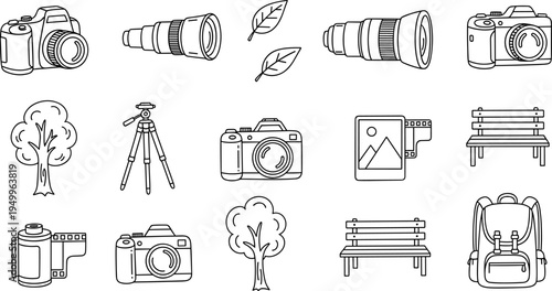 Collection of line art icons representing photography equipment and outdoor elements