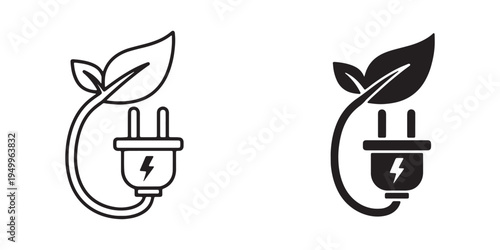Black and white icons of electrical plugs with leaves and lightning bolts