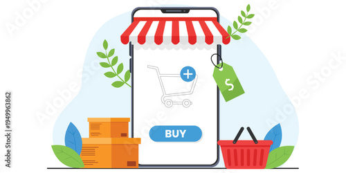 E-Commerce Simplified: A vibrant illustration showcasing the convenience of online shopping, depicting a digital storefront with a shopping cart icon, price tag, and buy button. 