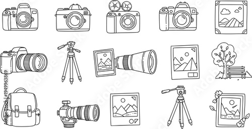 Collection of hand-drawn photography equipment and scenic images in a doodle style