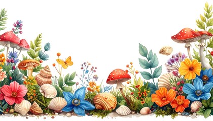 A vibrant floral arrangement with mushrooms and seashells