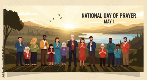 Diverse group of people praying together outdoors at sunset on national day of prayer